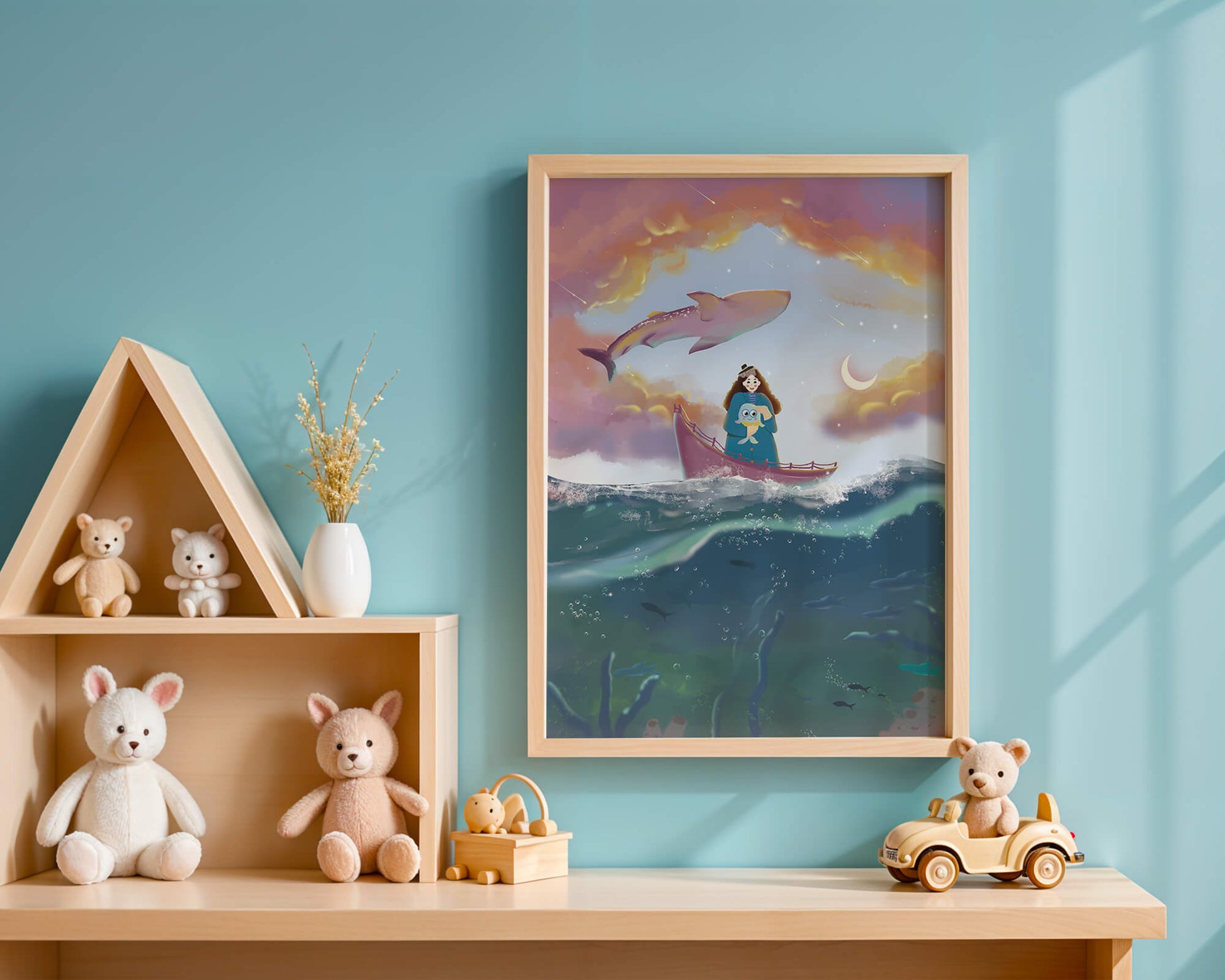 Whimsical illustration of a girl on a boat with a flying whale