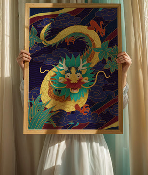Illustration de dragon coloré avec des nuages ​​et des éléments de feuillage