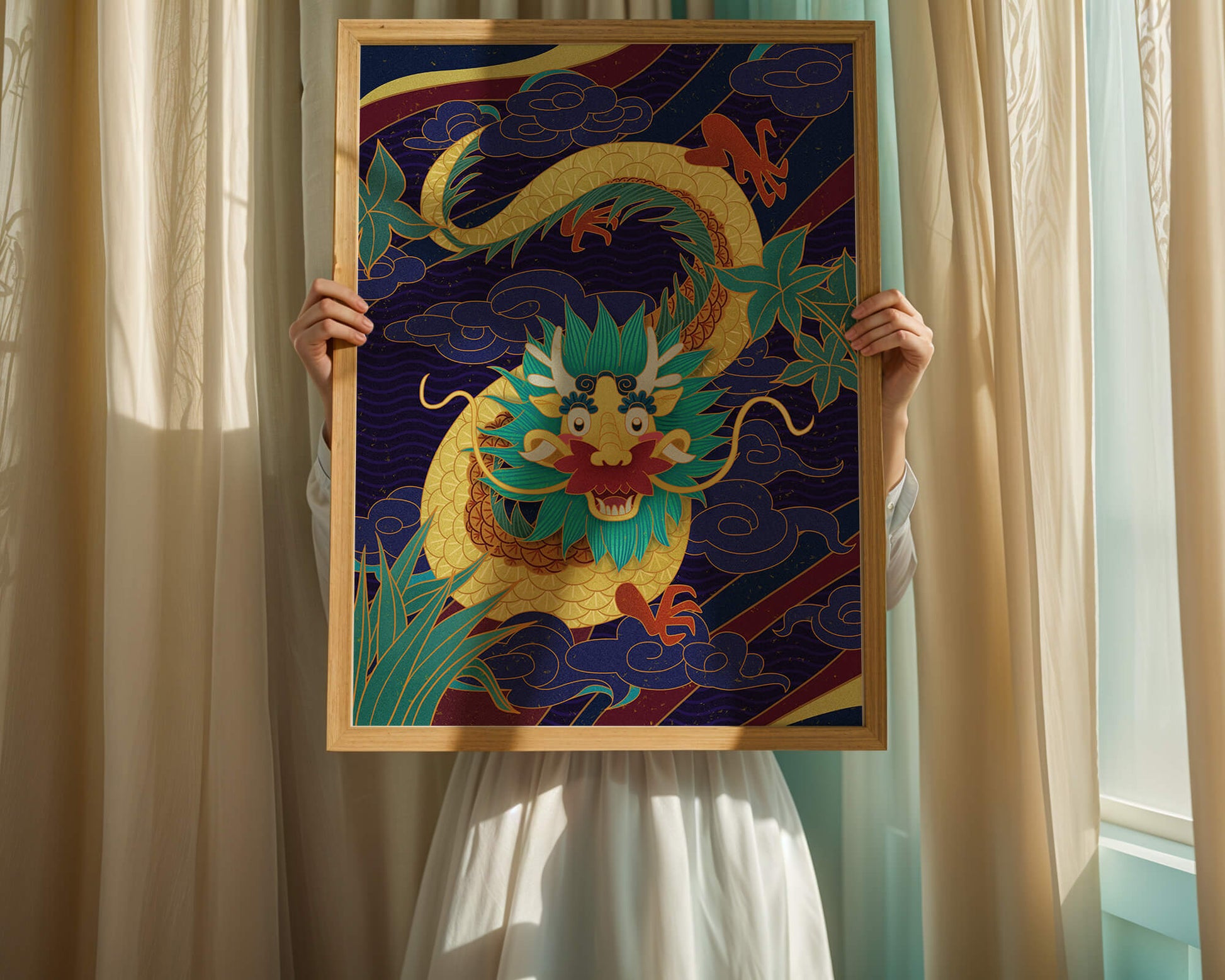 Illustration de dragon coloré avec des nuages ​​et des éléments de feuillage