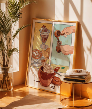 Ilustración artística de café y postre con detalles dorados