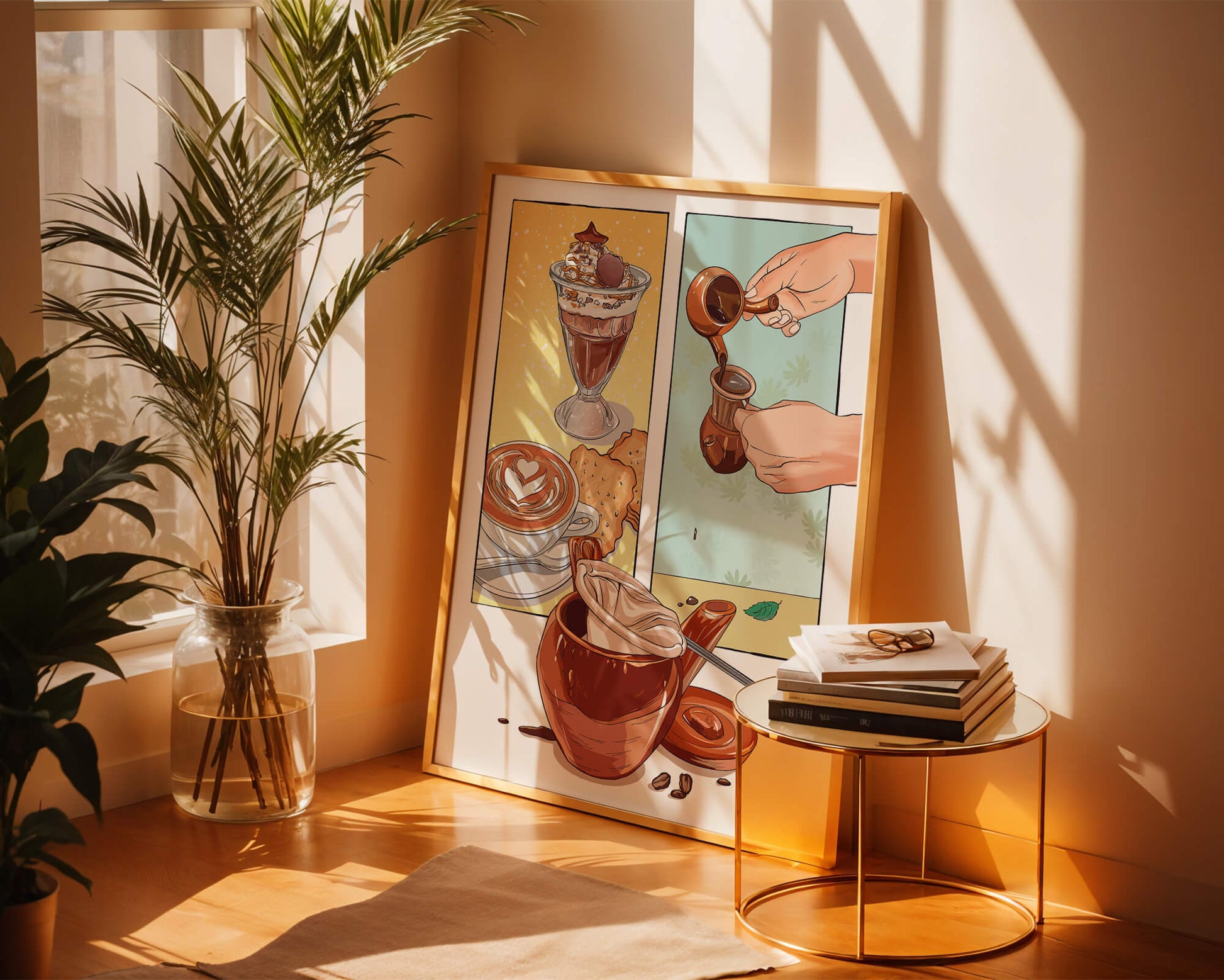 Ilustración artística de café y postre con detalles dorados