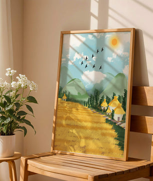 Sunny Countryside With Birds And Golden Fields