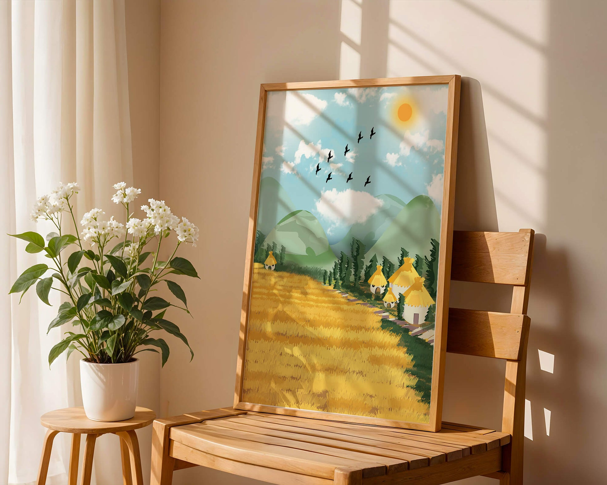 Sunny Countryside With Birds And Golden Fields