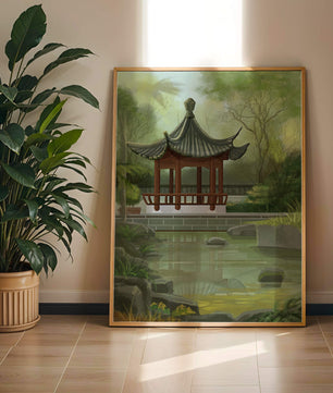 Tranquil Asian garden scene with traditional pagoda and serene pond