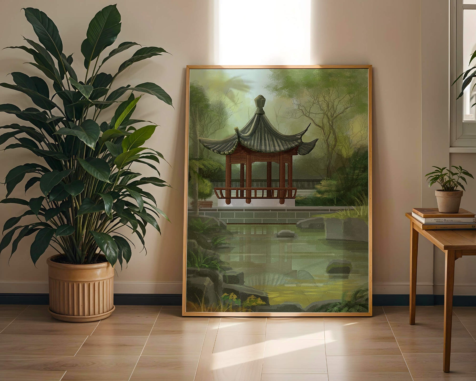 Tranquil Asian garden scene with traditional pagoda and serene pond