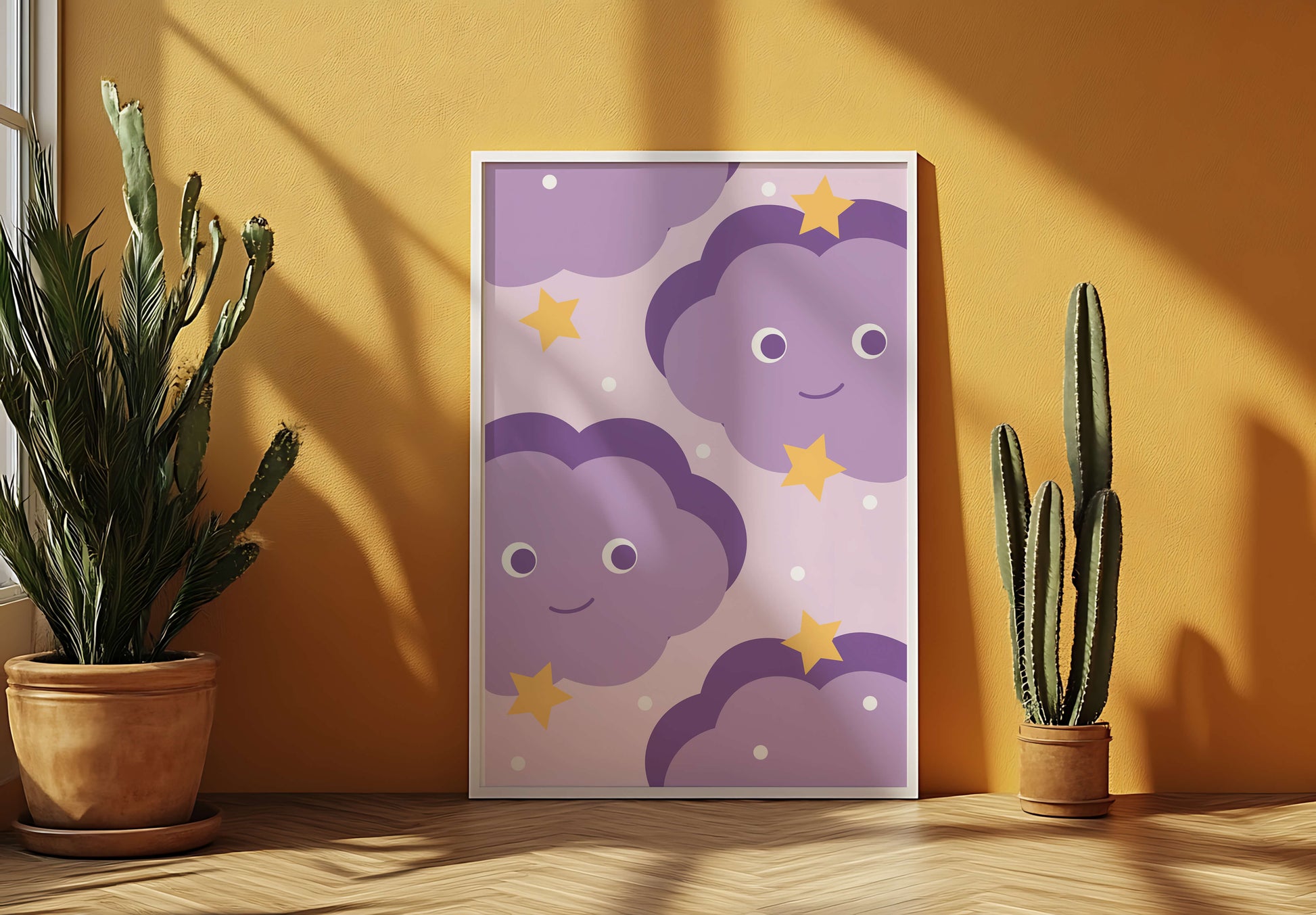 Whimsical purple cloud and star pattern for children's room decor