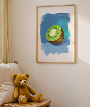 Illustration of a kiwi with a textured blue background