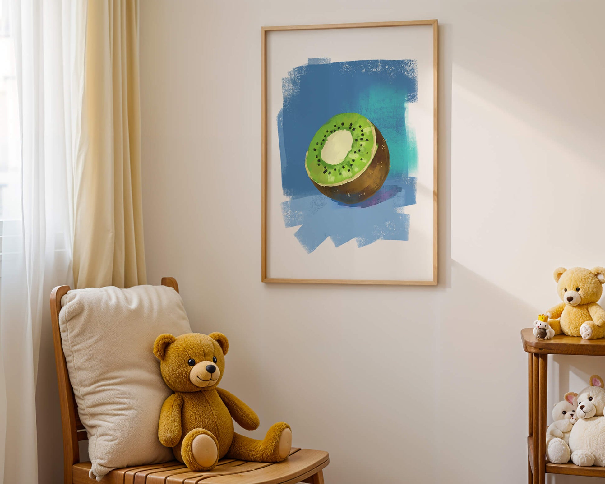 Illustration of a kiwi with a textured blue background