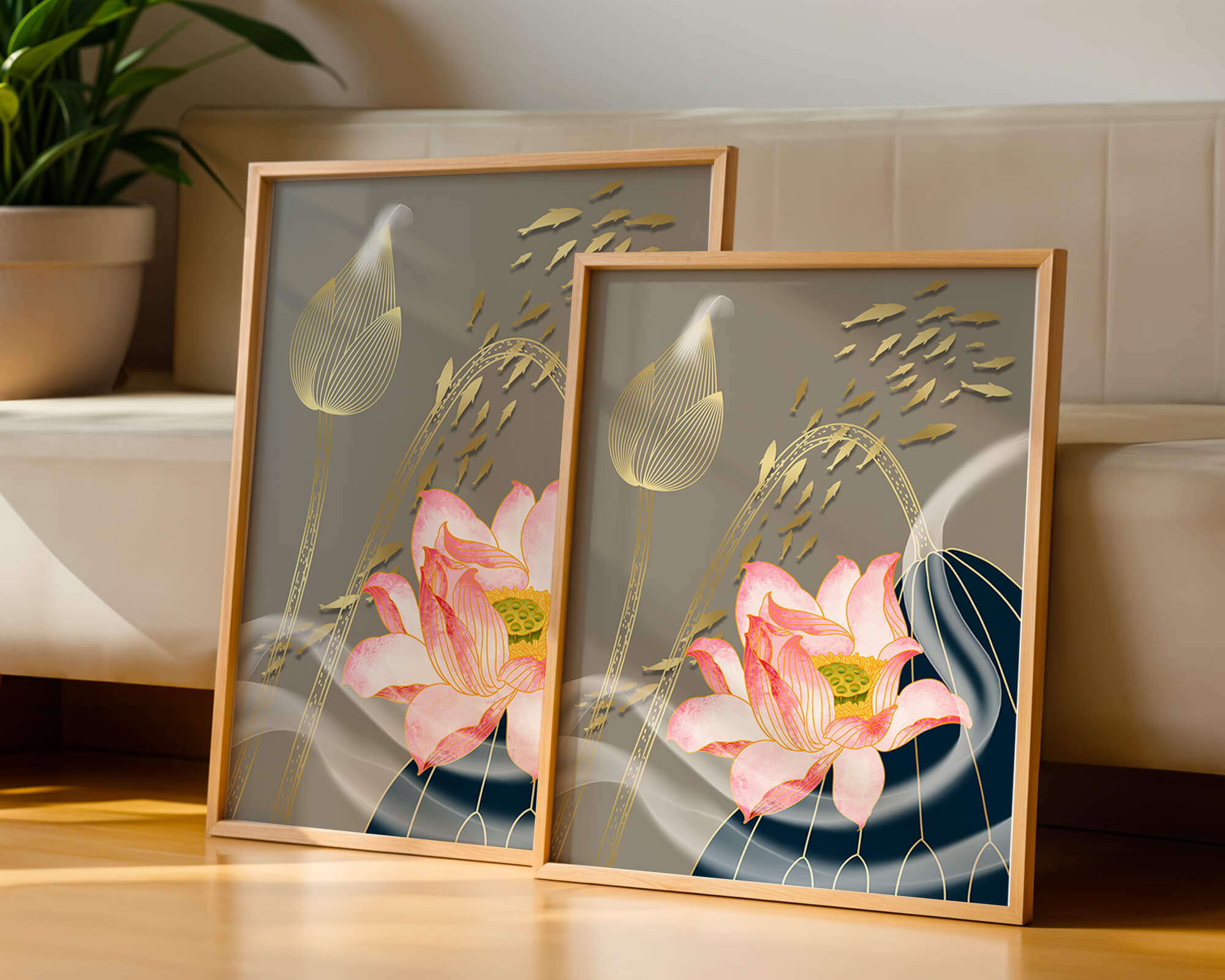 Elegant floral design with blooming lotus and golden fish accents