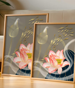 Elegant floral design with blooming lotus and golden fish accents