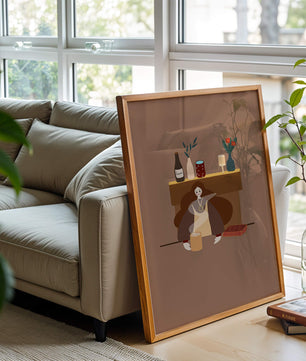 Escena acogedora con mujer junto a la chimenea y elementos decorativos
