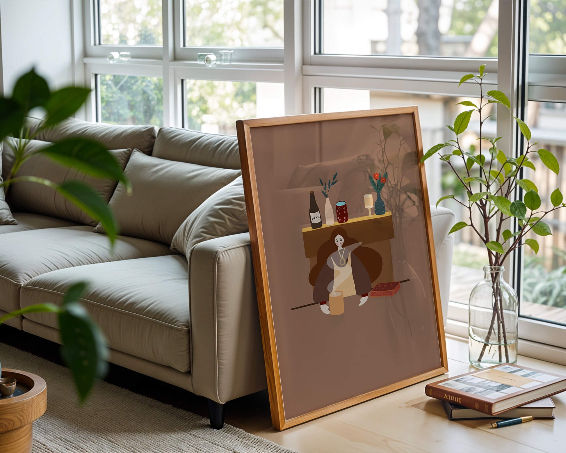 Escena acogedora con mujer junto a la chimenea y elementos decorativos