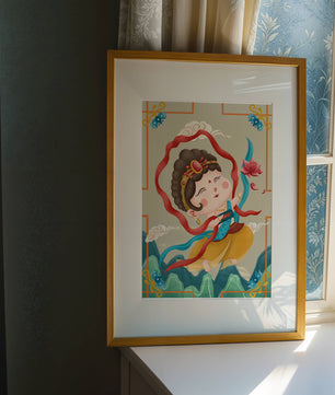 Whimsical illustration of a joyful child deity with lotus and clouds