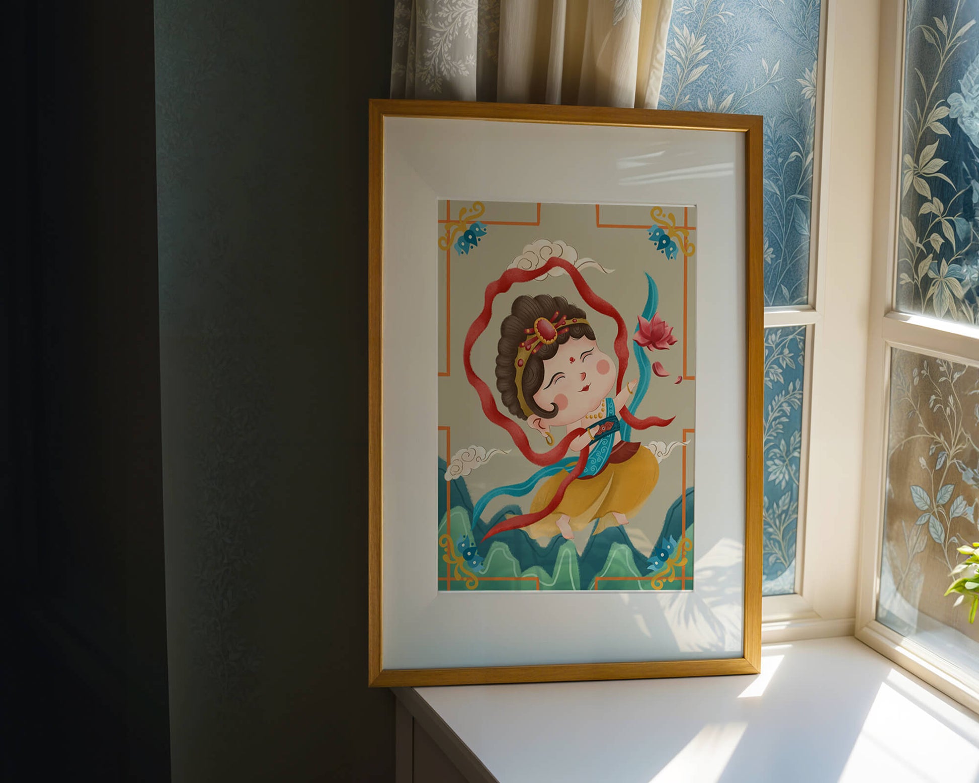 Whimsical illustration of a joyful child deity with lotus and clouds