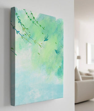 Serene Spring Scene with Birds and Leaves on a Light Blue Background
