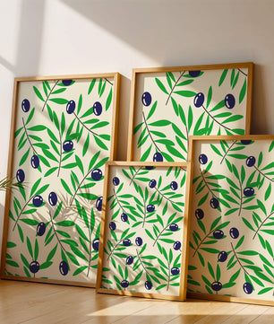 Olive branch pattern with green leaves and blue olives