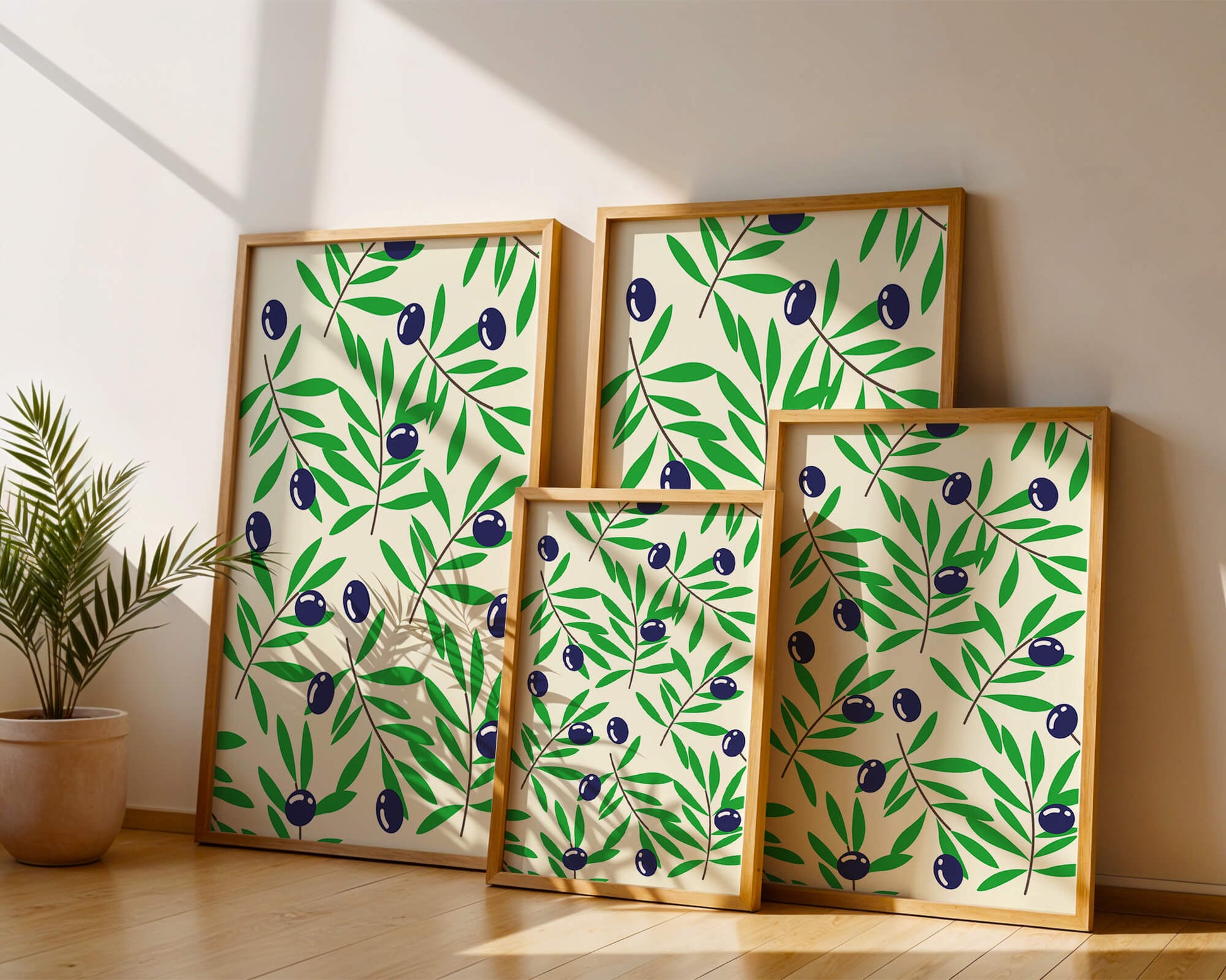 Olive branch pattern with green leaves and blue olives