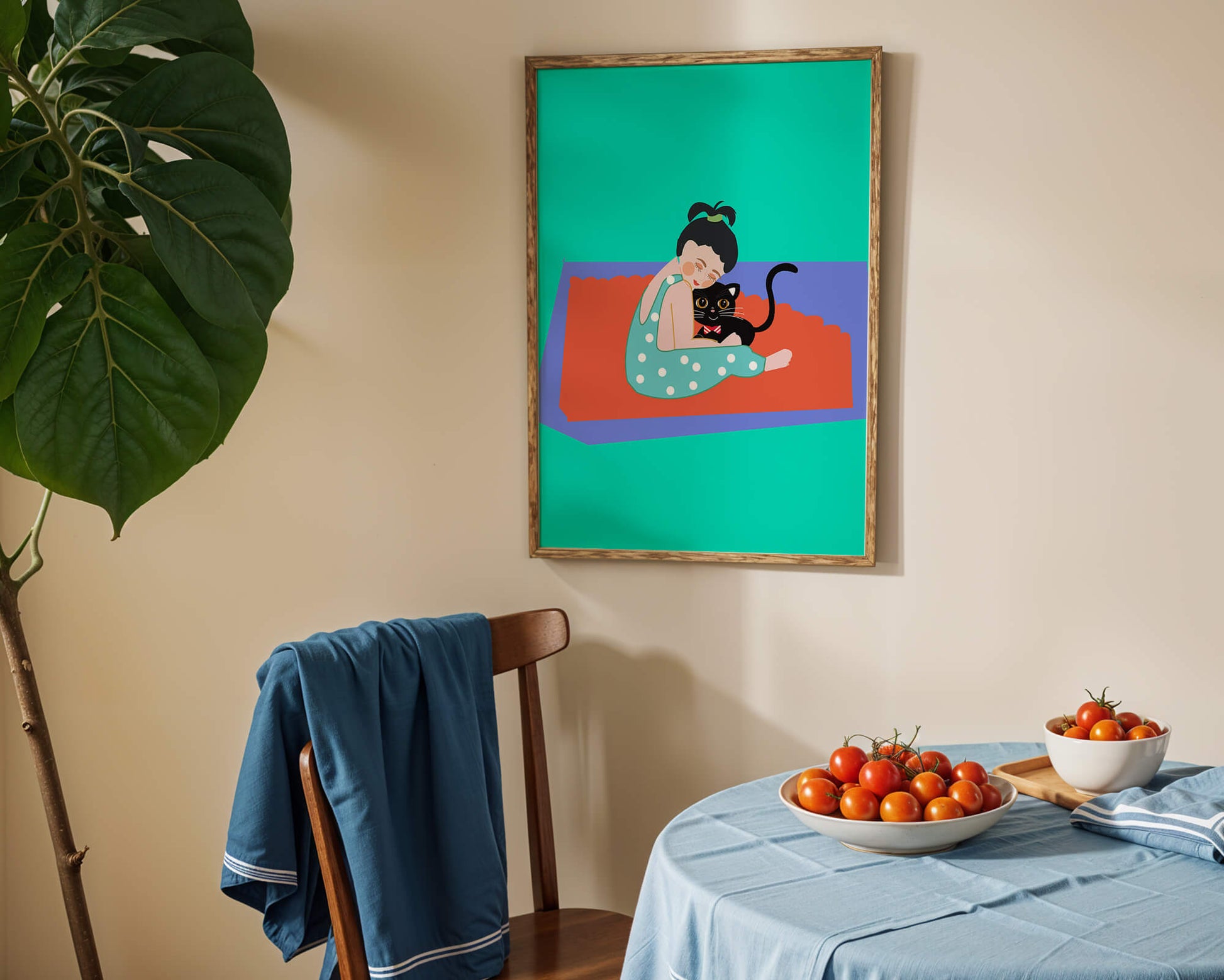 Gemütliche Illustration eines Mädchens, das eine Katze auf einer bunten Matte umarmt
