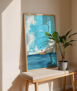 Peaceful seascape illustration with a boat and birds