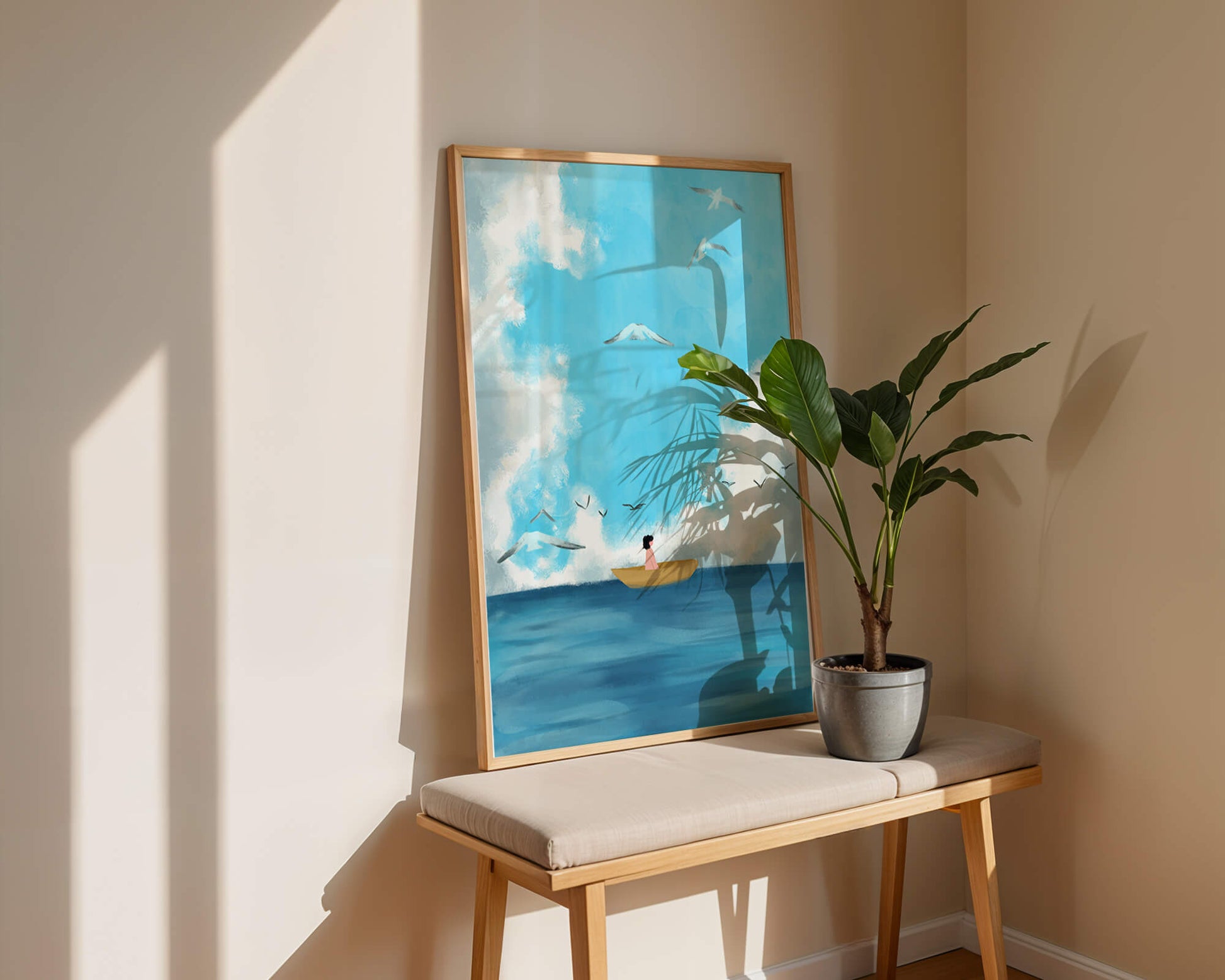 Peaceful seascape illustration with a boat and birds