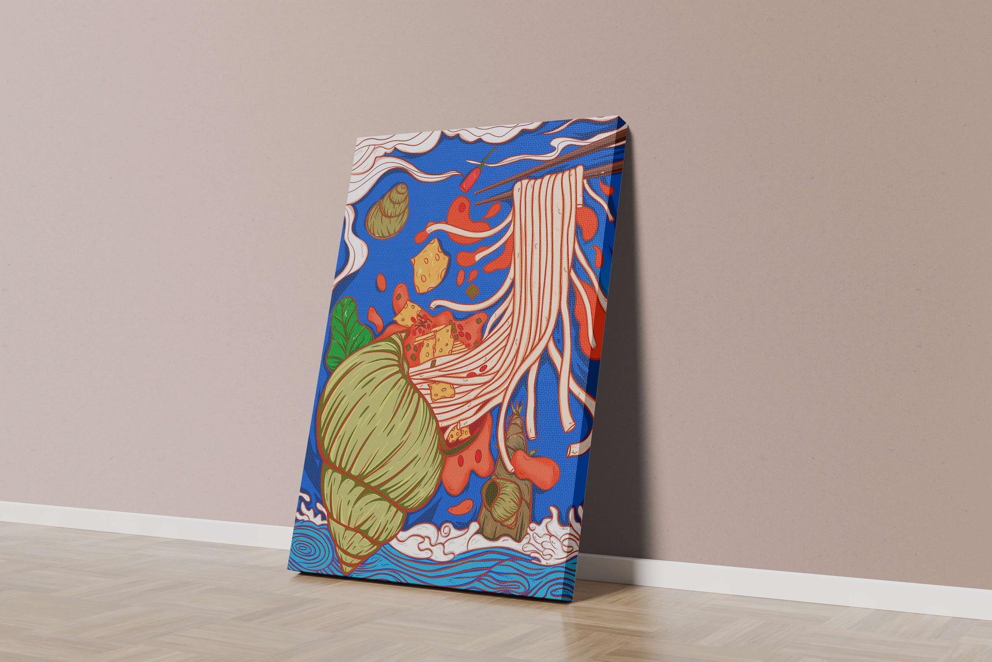 Ilustración intrincada de fideos con colores vibrantes y elementos detallados