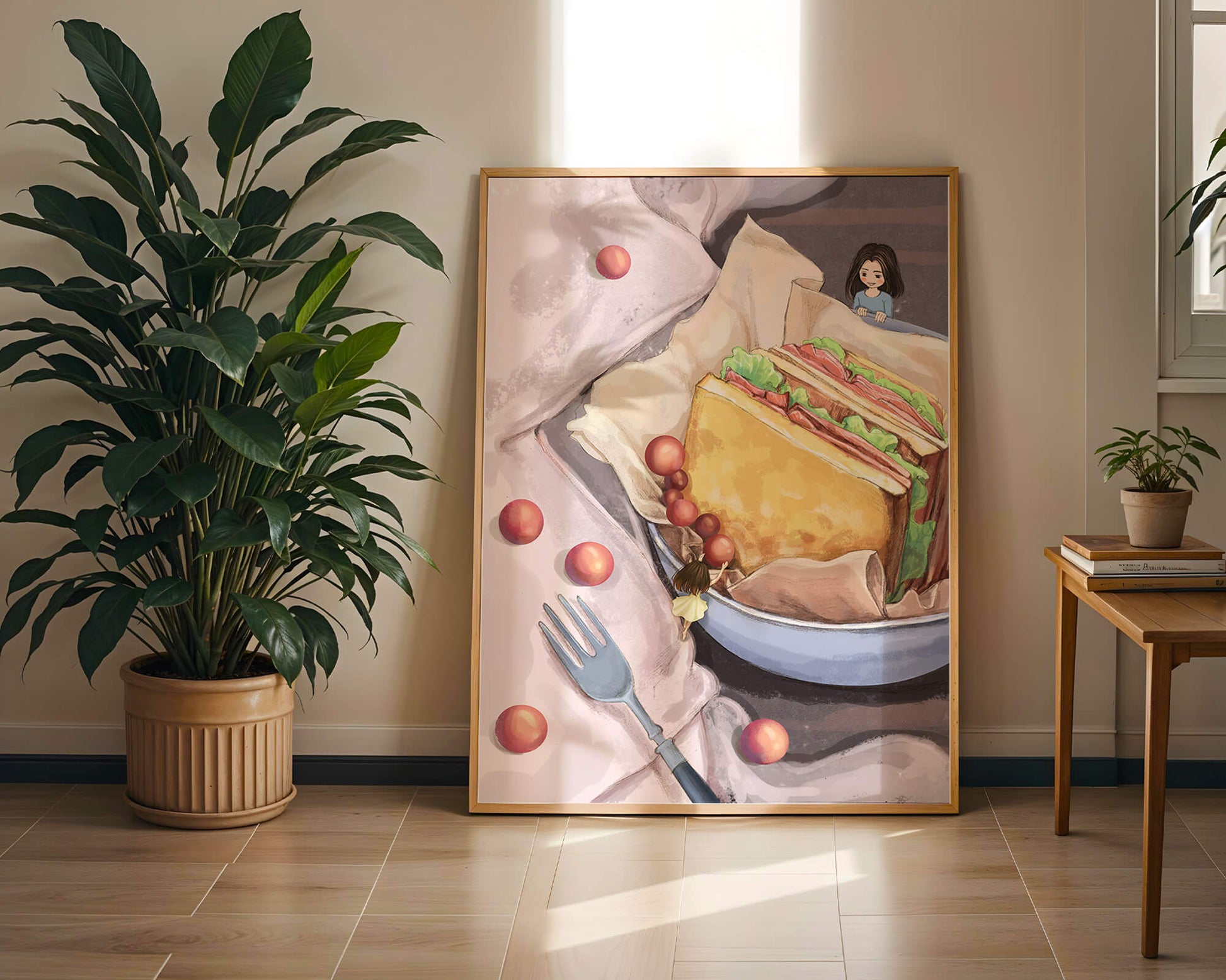 Niñas miniatura caprichosas cerca de un sándwich con tomates y tenedor