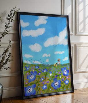 Mann und Hund auf einer leuchtenden Blumenwiese unter blauem Himmel