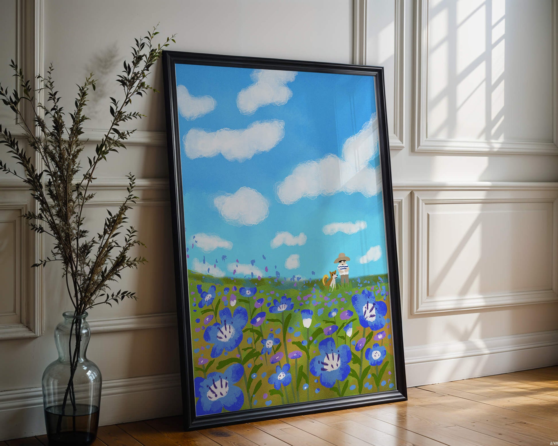 Man and dog in vibrant flower meadow under blue sky