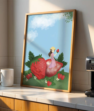 Ilustración encantadora de una niña en un campo de fresas