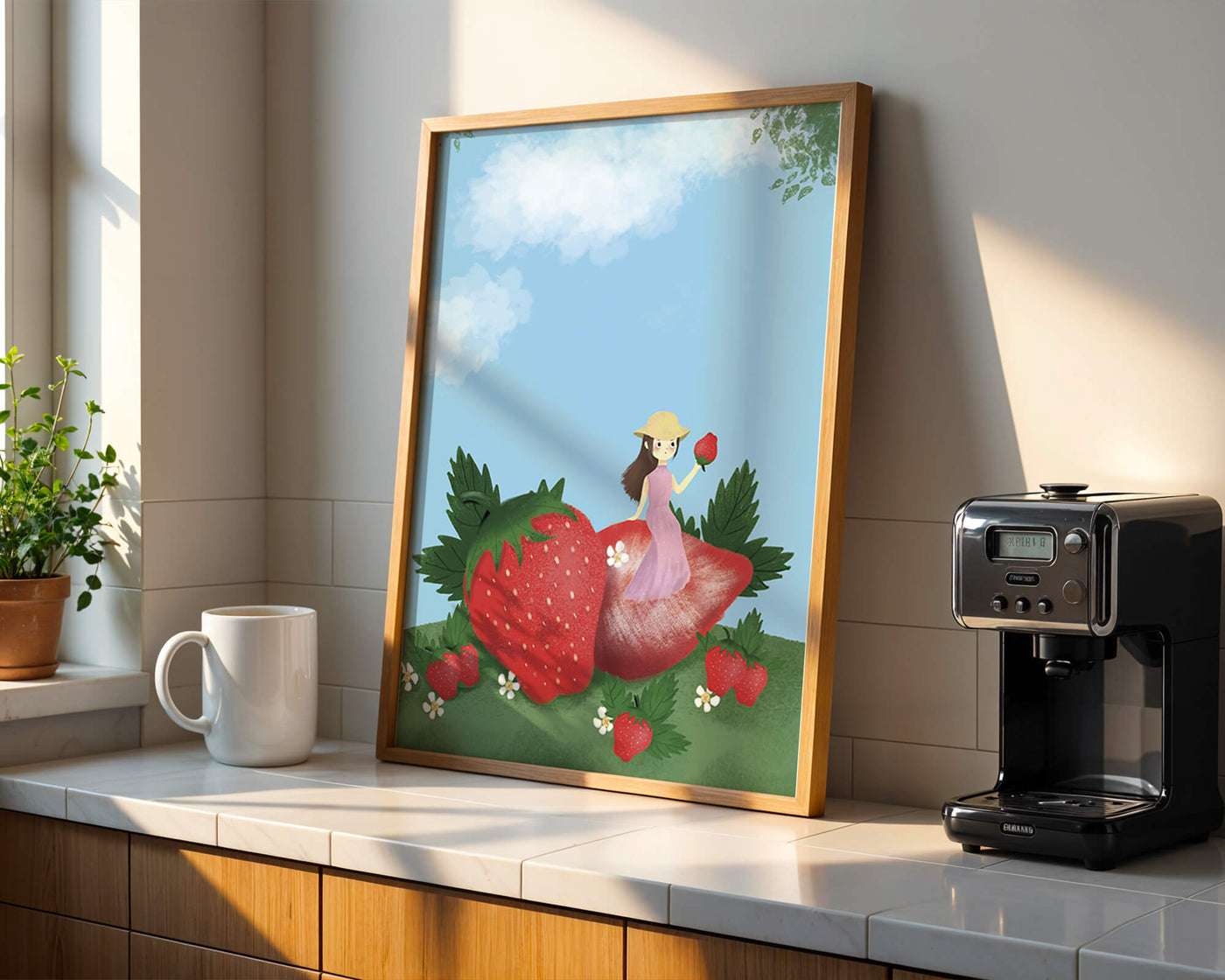 Charming illustration of a girl in a strawberry field