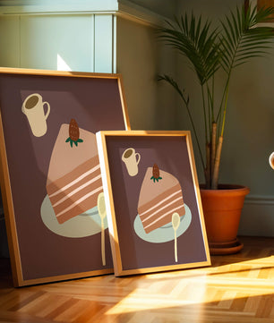 Ilustración de una porción de pastel con fresa y café