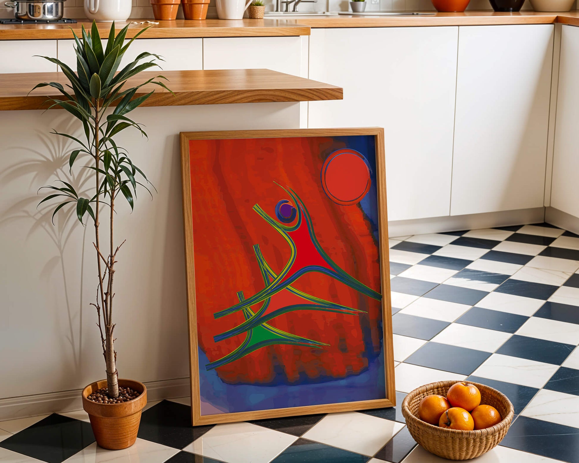 Abstract colorful artwork with dynamic figures and bold colors