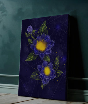 Floral Art with Blue and Yellow Lotus Design on Starry Background