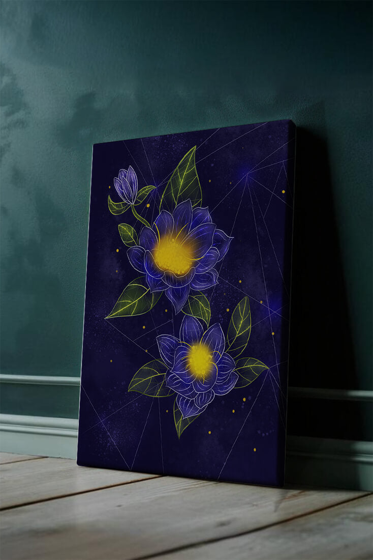 Floral Art with Blue and Yellow Lotus Design on Starry Background