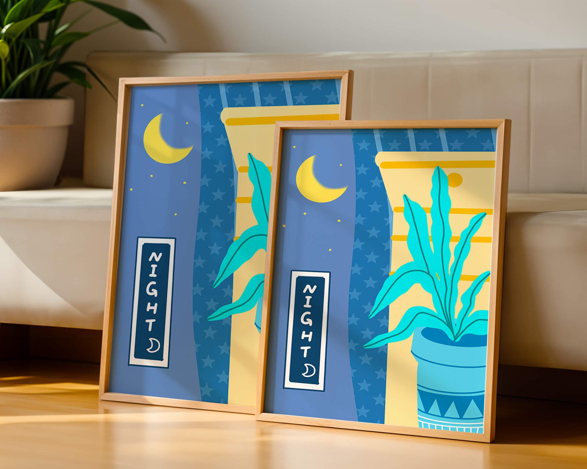 Nighttime plant illustration with crescent moon and starry background