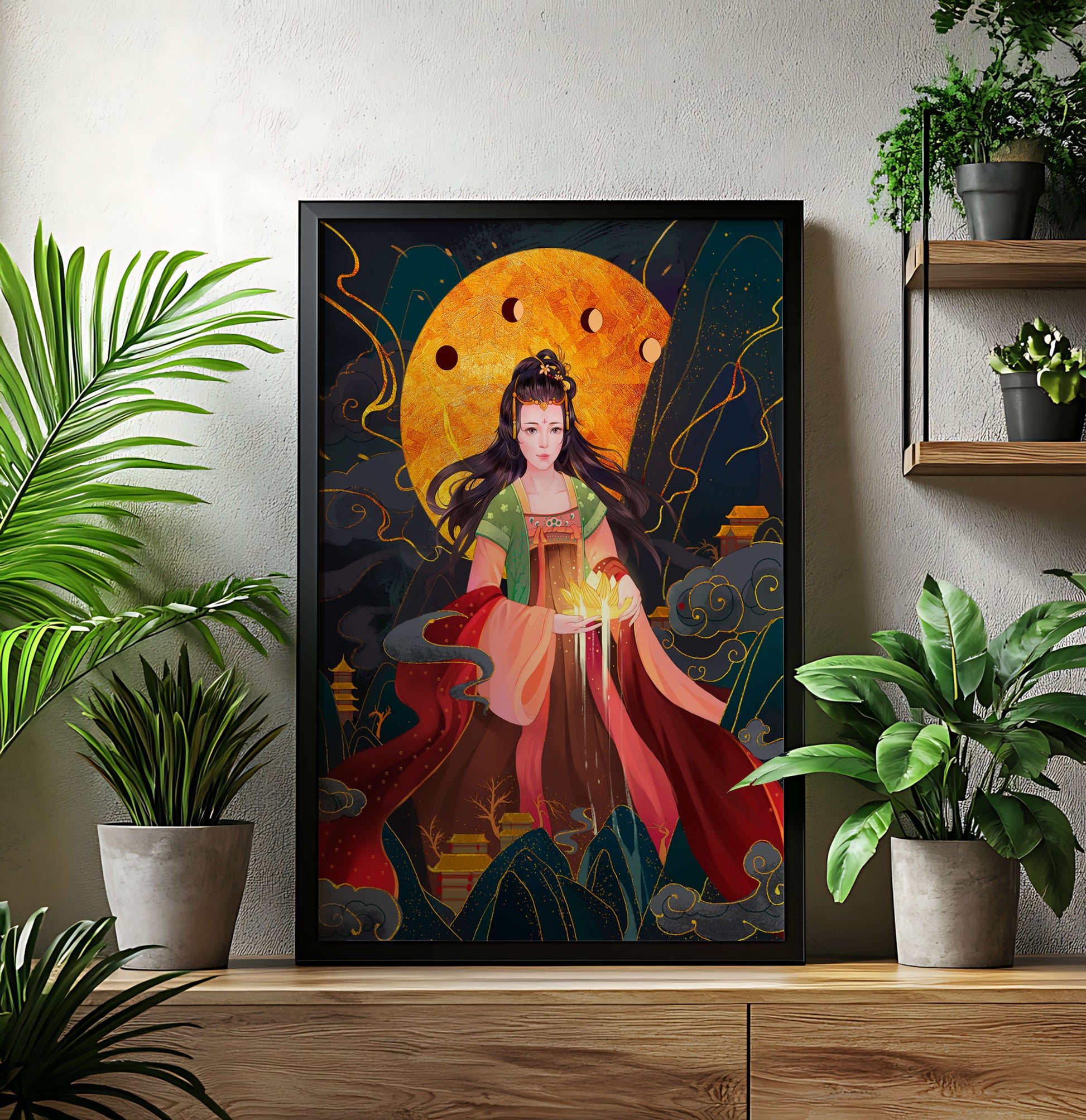 Elegante representación de una figura mítica con un fondo celestial dorado.