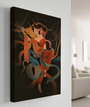 Elegant depiction of a goddess playing a lute with flowing ribbons