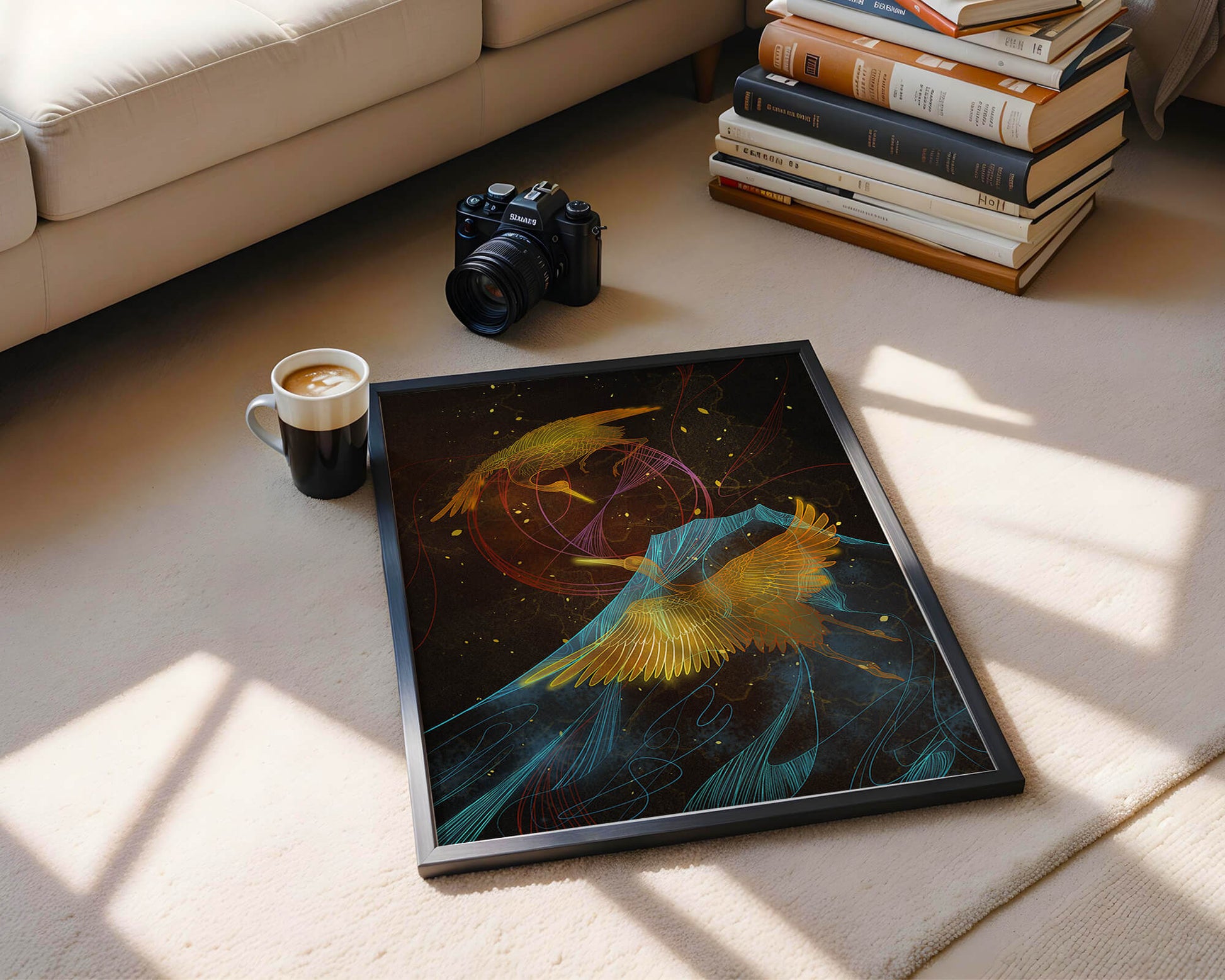 Elegant Cranes in Cosmic Dance with Golden and Blue Accents
