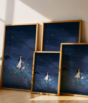 Niña en vestido blanco mirando al cielo estrellado