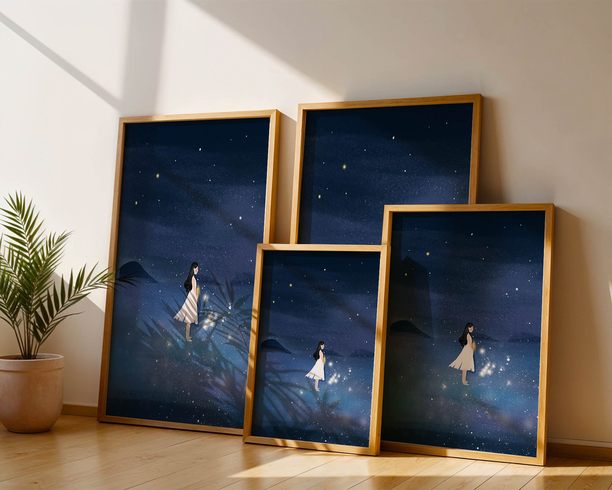 Girl in White Dress Gazing at Starry Night Sky