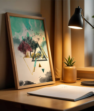 Abstract Geometric Landscape with Vibrant Trees and Birds - Mi tienda