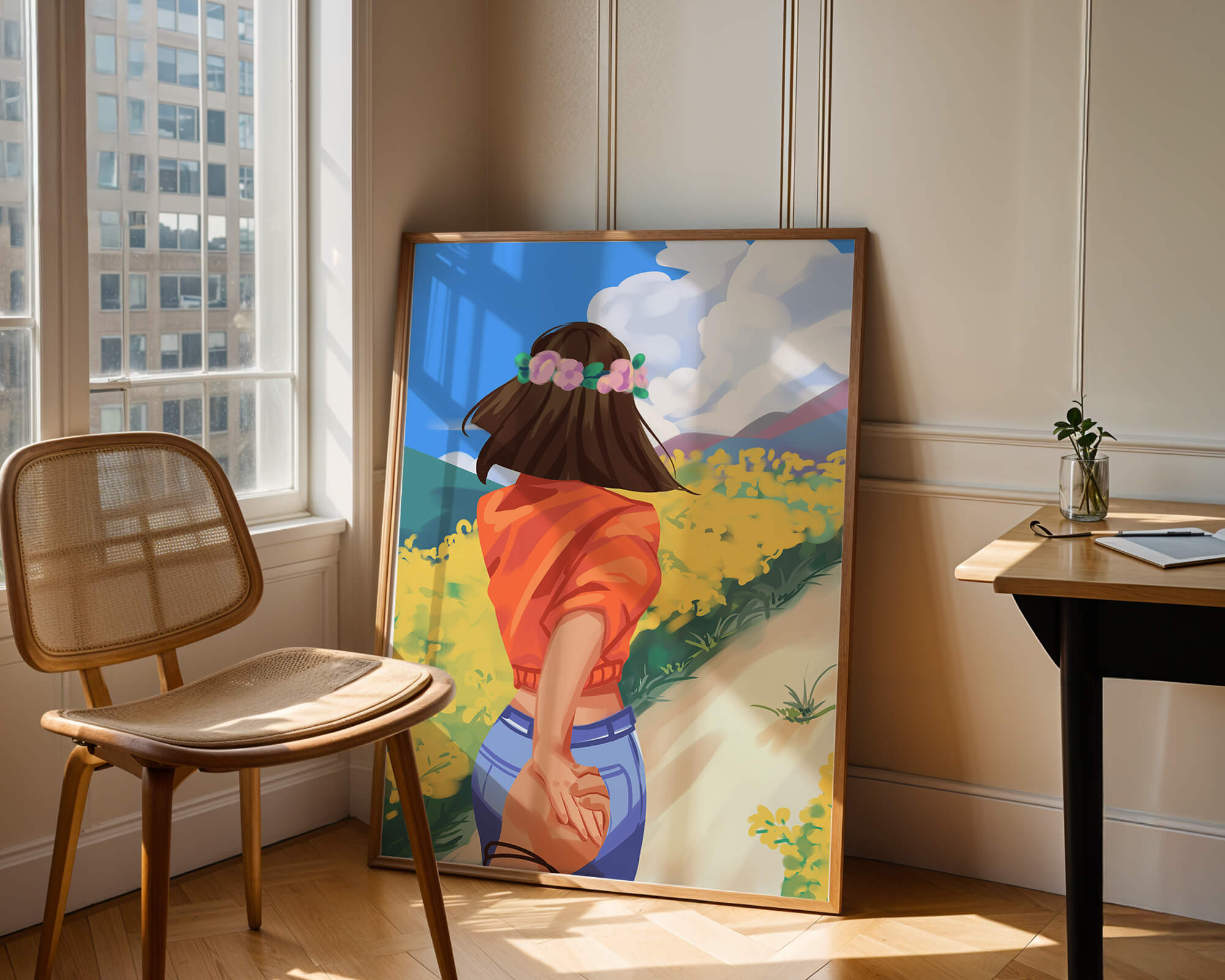 Woman in Nature with Floral Headband and Holding Hands on a Sunny Day