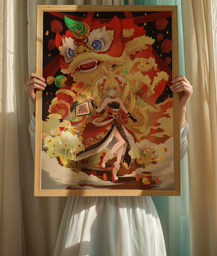 Colorful anime-inspired scene with a lion dance and festive character
