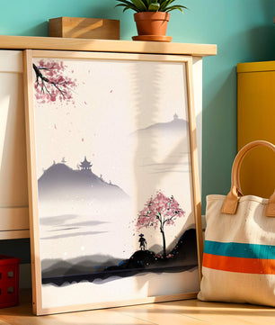 Paisaje sereno con árbol de cerezo y pagodas distantes