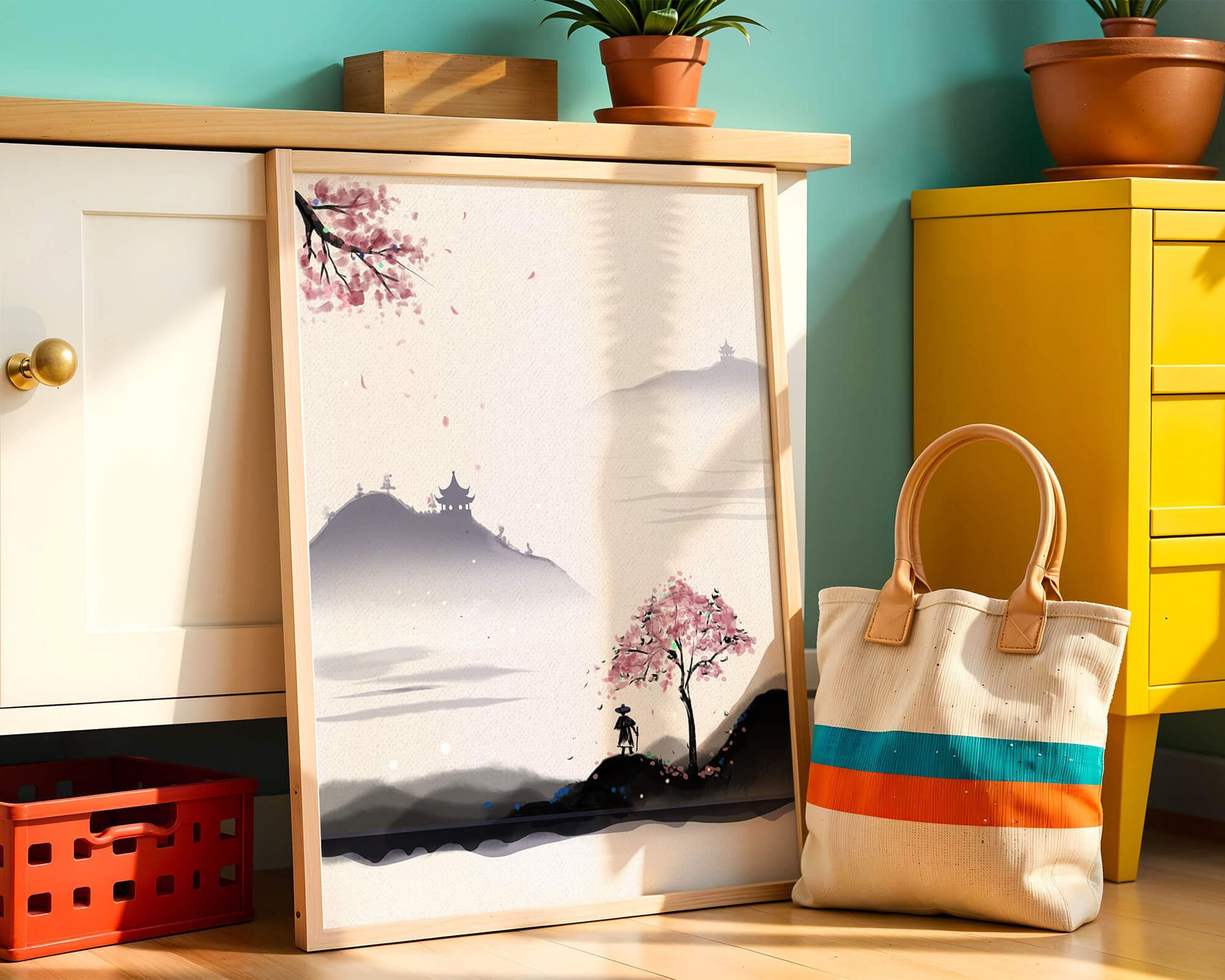 Paisaje sereno con árbol de cerezo y pagodas distantes