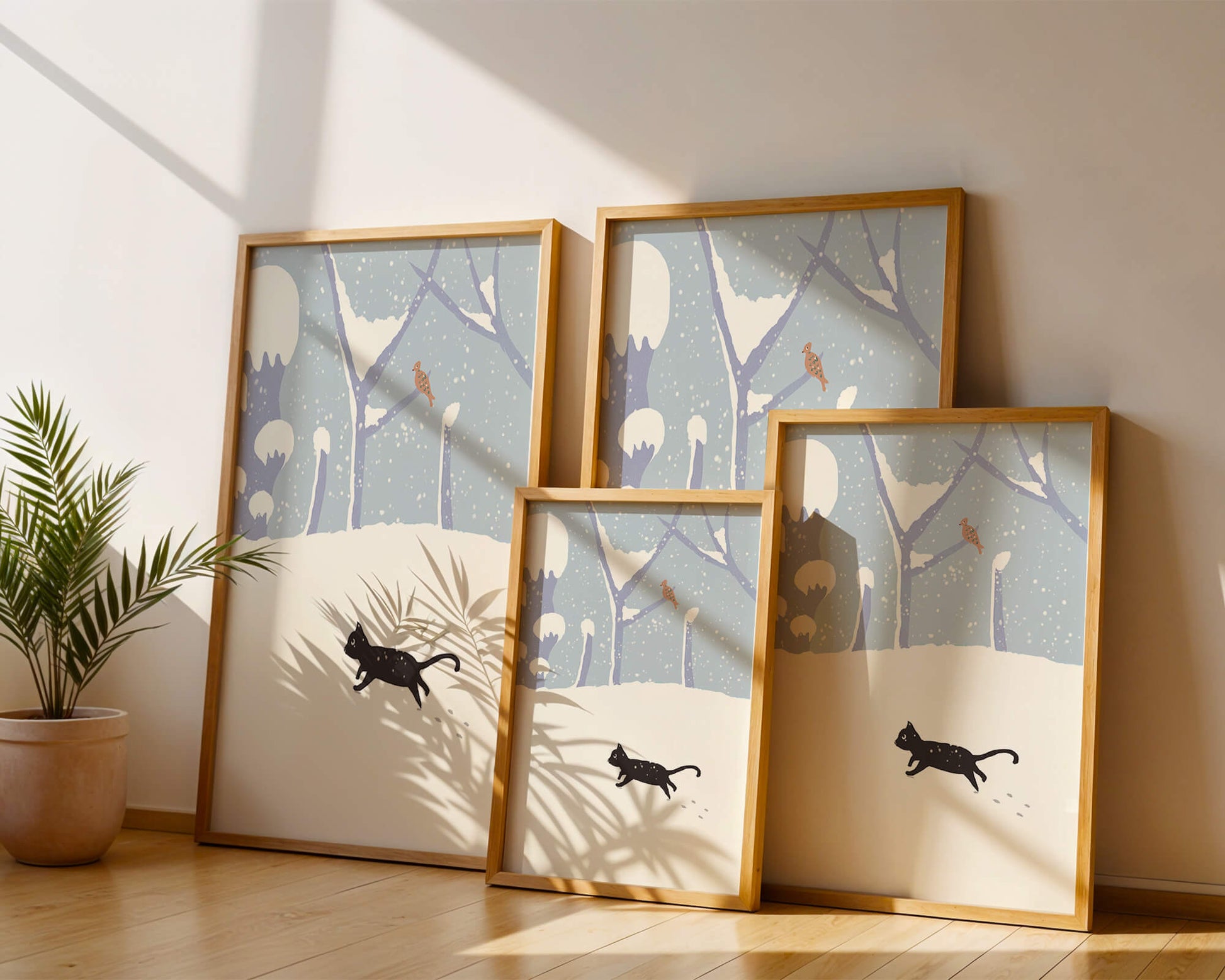 Illustrated snowy landscape with playful black cat and bird in winter scenery