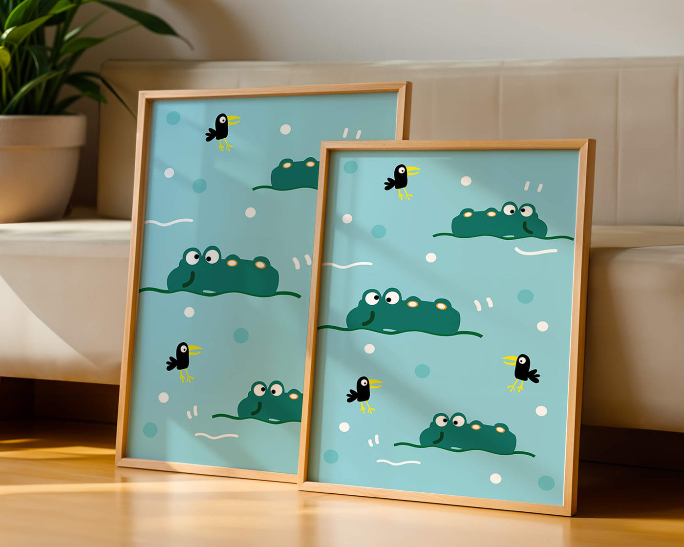 Playful cartoon crocodiles and birds on blue patterned background