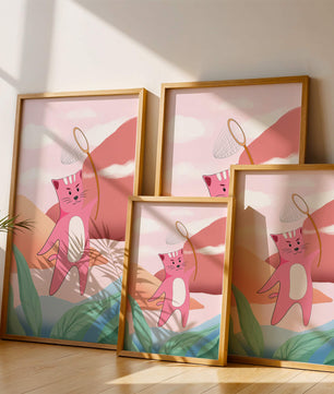 Pink Cat Holding Net in Whimsical Landscape