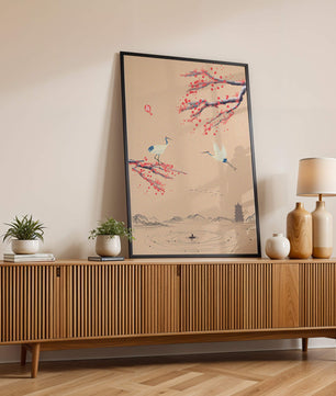 Paysage asiatique élégant avec des grues et des branches de cerisier en fleurs