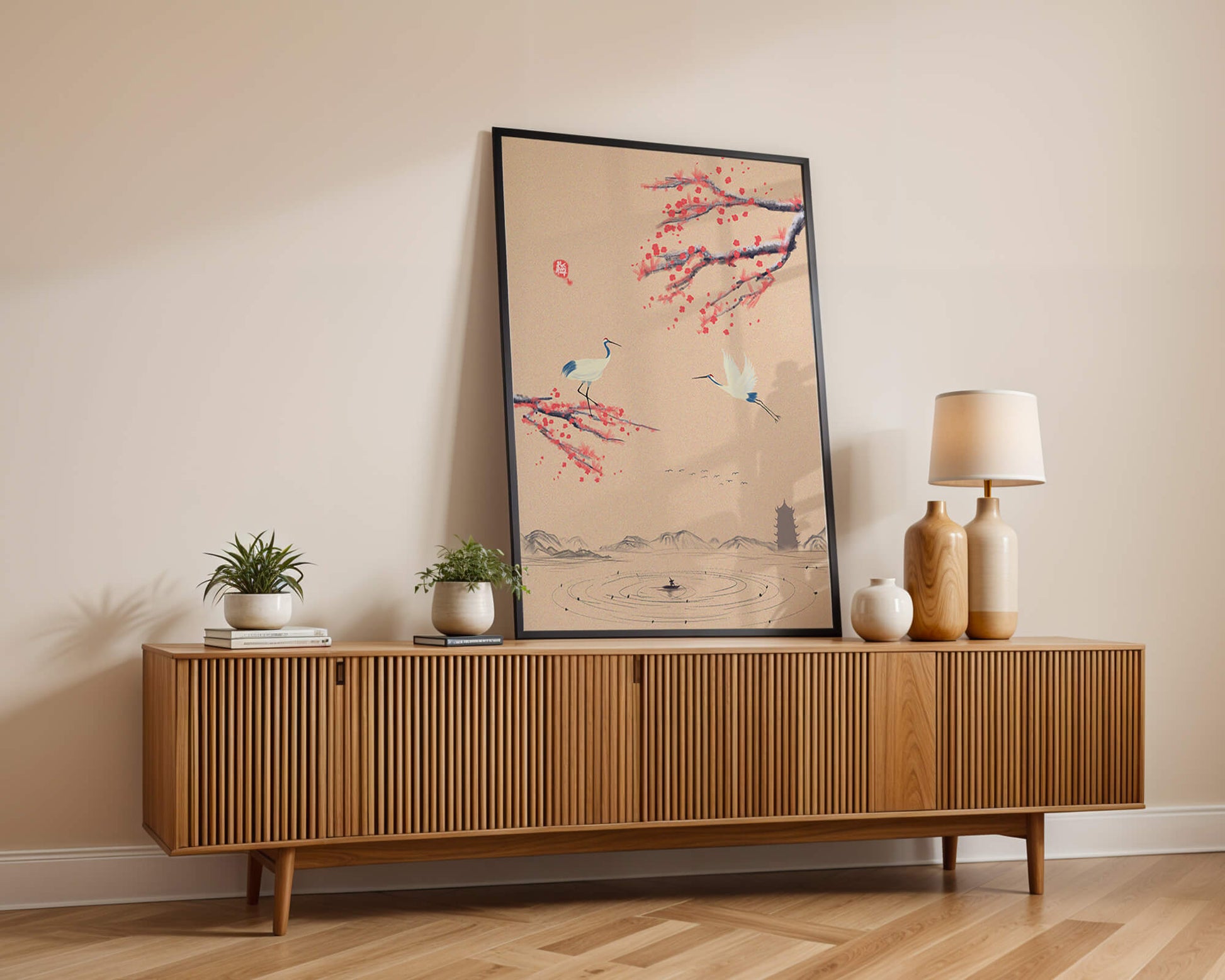 Elegant Asian landscape with cranes and cherry blossom branches
